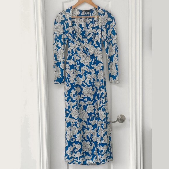 Zara - Blue & White Floral Midi Dress with Slit - Picture 7 of 11